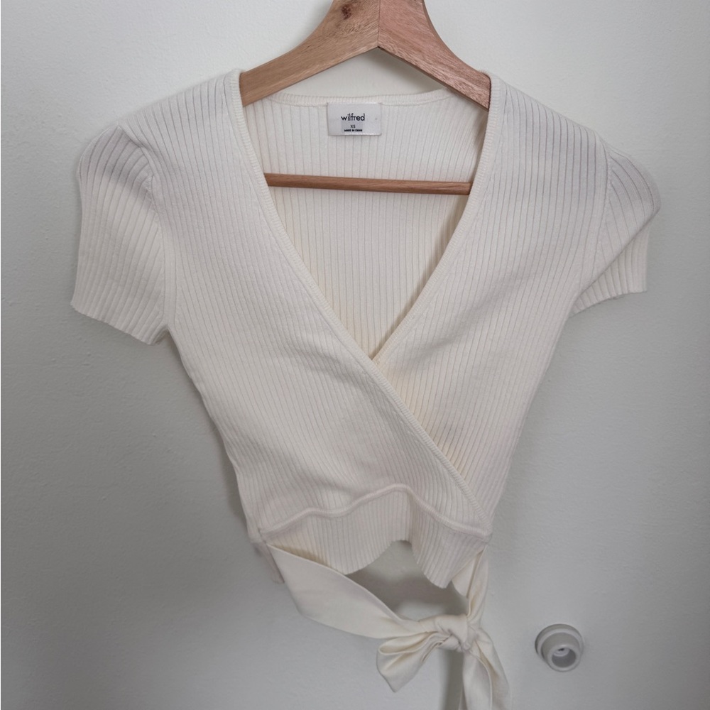 Aritzia Wilfred Cream Ribbed Wrap Top